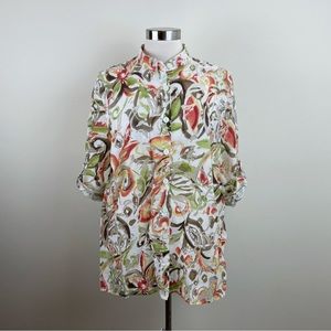 Alfred Dunner Floral White Green Orange Button Front Top Women Size 16W